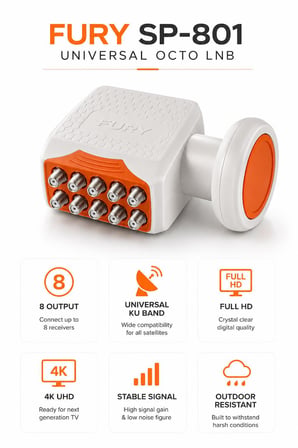 FURY SP-801 Sekizli Universal LNB Full HD 4K UHD Çanak Anten Uydu Alıcı Başlığı