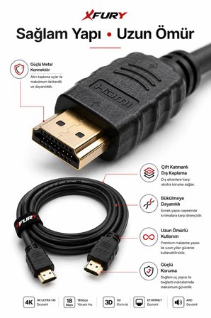 FURY 1.5 Metre HDMI Kablo 4K Ultra HD HDMI 1.4 18Gbps Ethernet ARC 3D Full HD TV PS5 Laptop