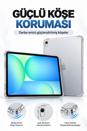 Apple iPad Air 13 İnç M2 M3 M4 2024 2025 2026 Uyumlu Şeffaf Antişok Tablet Kılıfı – Darbe Emici Köşe Korumalı Esnek Silikon Kılıf