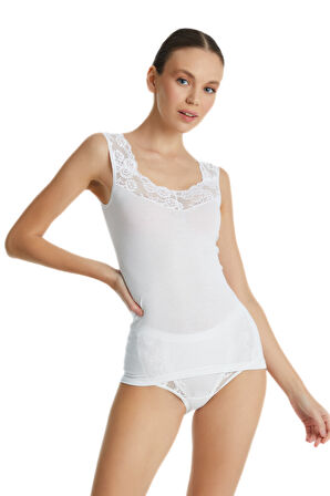 Kadın Atlet Dantelli Private 1957 - Beyaz