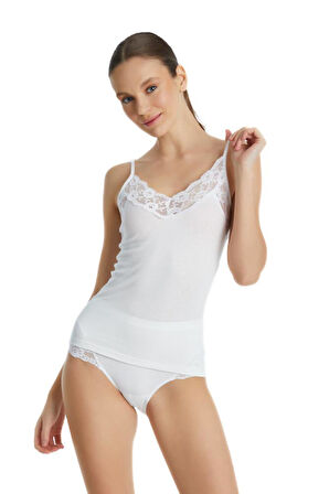 Kadın Atlet İnce Askılı Dantelli Private 1984 - Beyaz