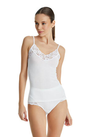 Kadın Atlet İnce Askılı Dantelli Private 1984 - Beyaz