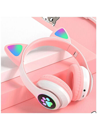 Karler STN-28 Mikrofonlu LED Işıklı Kulak Üstü Kedi Bluetooth Kulaklık (Pembe)