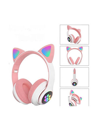 Karler STN-28 Mikrofonlu LED Işıklı Kulak Üstü Kedi Bluetooth Kulaklık (Pembe)