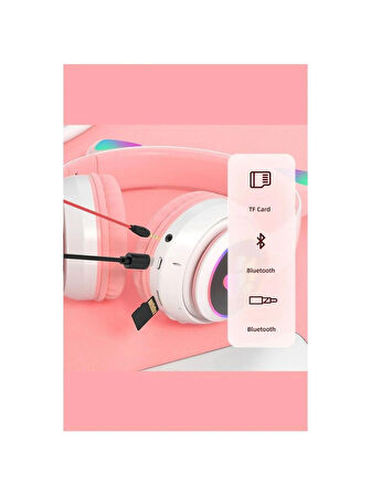 Karler STN-28 Mikrofonlu LED Işıklı Kulak Üstü Kedi Bluetooth Kulaklık (Pembe)