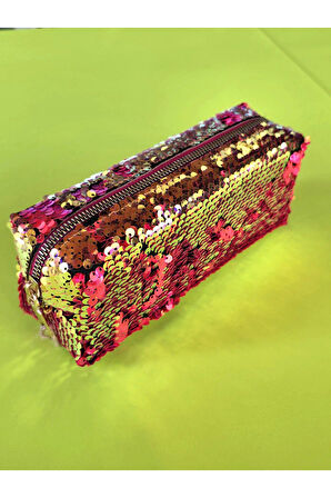 Premium Pullu Renkli Çanta Okul Kalemlik Makyaj Çantası Fermuarlı Plaj El Çantası 20x9x6 cm Pembe