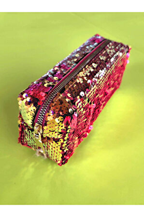 Premium Pullu Renkli Çanta Okul Kalemlik Makyaj Çantası Fermuarlı Plaj El Çantası 20x9x6 cm Pembe