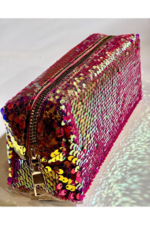 Premium Pullu Renkli Çanta Okul Kalemlik Makyaj Çantası Fermuarlı Plaj El Çantası 20x9x6 cm Pembe