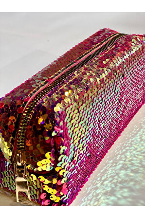 Premium Pullu Renkli Çanta Okul Kalemlik Makyaj Çantası Fermuarlı Plaj El Çantası 20x9x6 cm Pembe