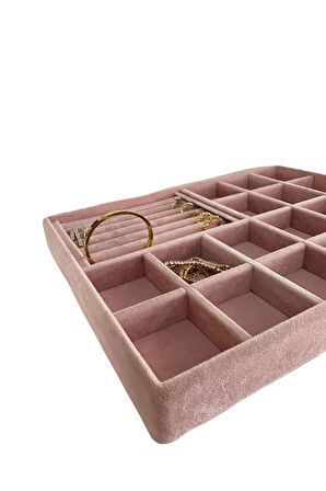 Yerli Üretim Bakü Model Süet Pembe Renk Bölmeli-batırmalı Çekmece Içi Takı Standı