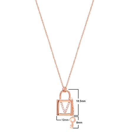 Zirkon Taşlı Pırlanta Montür Rose Altın Kaplama Anahtarlı Kilit V Harfi Gümüş Kolye