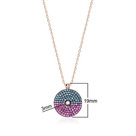Zirkon Taşlı Pırlanta Montür Rose Altın Kaplama Renkli Taşlı Yuvarlak Gümüş Kolye