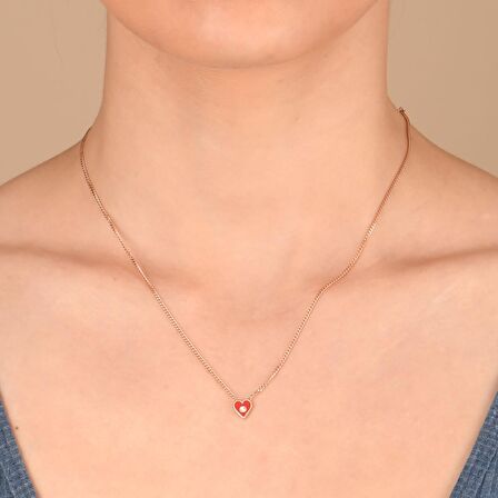 Ortası Beyaz Taşlı Rose Altın Kaplama Kırmızı Mineli Gümüş Kalp Kolye