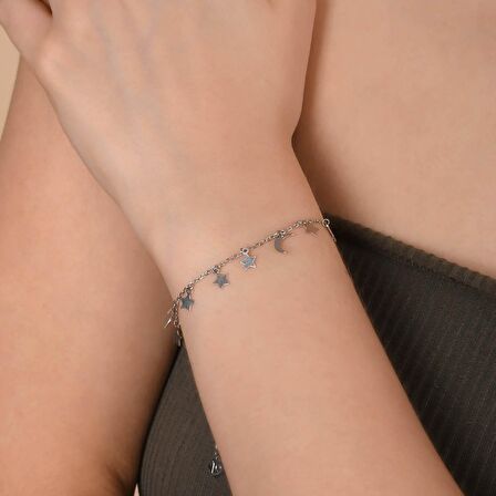 Gümüş Rengi Kaplama Sıralı Ay Yıldız Gümüş Bileklik