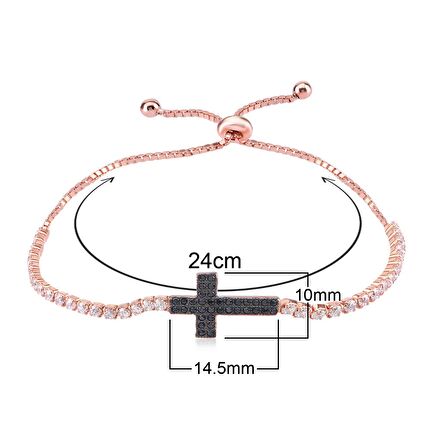 Zirkon Taşlı Pırlanta Montür Asansörlü Alttan Ayarlı Siyah Taşlı Su Yolu Haç Gümüş Bileklik