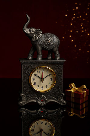 Dekoratif Gri Fil Figürlü Masa Saati – 19 cm | Şık Ev & Ofis Aksesuarı