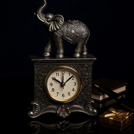 Dekoratif Gri Fil Figürlü Masa Saati – 19 cm | Şık Ev & Ofis Aksesuarı