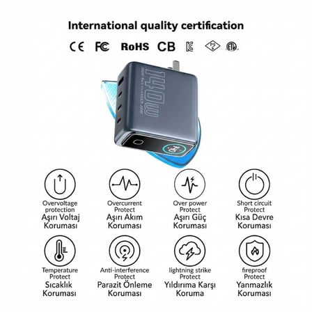 Gan Power GN-05 140W 4 Portlu GaN Hızlı Şarj Cihazı + 60W Hızlı Şarj Kablosu Hediyeli - TFT Akıllı Renkli Ekran, Yapay Zeka Sıcaklık Kontrollü Adaptör