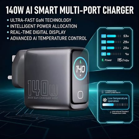 Gan Power GN-05 140W 4 Portlu GaN Hızlı Şarj Cihazı + 60W Hızlı Şarj Kablosu Hediyeli - TFT Akıllı Renkli Ekran, Yapay Zeka Sıcaklık Kontrollü Adaptör
