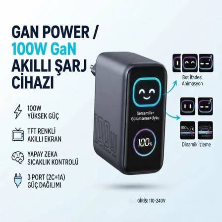 Gan Power GN-03 100W 3 Portlu GaN Hızlı Şarj Cihazı + 60W Hızlı Şarj Kablosu Hediyeli - TFT Akıllı Renkli Ekran, Bot İfadesi Animasyonlu Adaptör