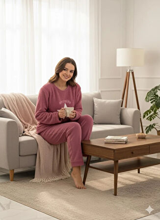 KADIN PEMBE POLAR PİJAMA TAKIMI