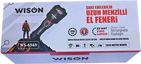 Wison Ws-6565 25wat 5000mah 2300lm Şarjlı Uzun Menzilli El Feneri Siyah