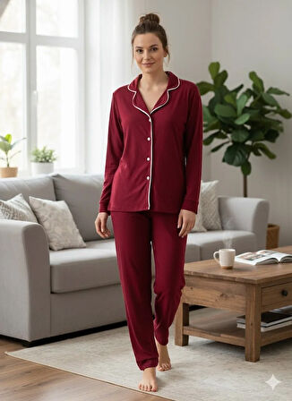 KADIN BORDO DÜĞMELİ PİJAMA TAKIMI