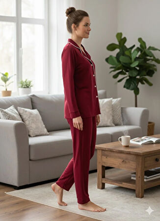 KADIN BORDO DÜĞMELİ PİJAMA TAKIMI