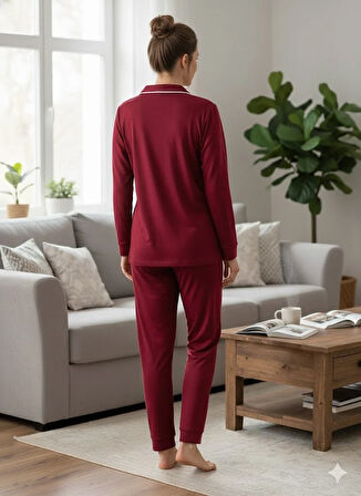 KADIN BORDO DÜĞMELİ PİJAMA TAKIMI