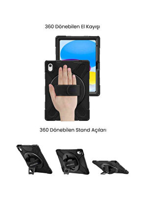iPad Air 13 M3 Çip 2025 Uyumlu Askılı Defender 360° Dönebilir Standlı Zırh Tablet Kılıfı