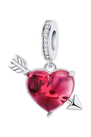 Kırmızı Şeffaf Kalp ve Ok Charm | 925 Ayar Gümüş
