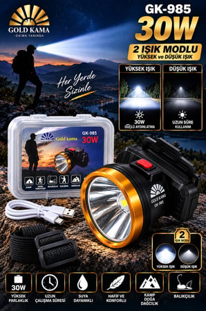 Gold Kama GK-985 Şarj Edilebilir 30W Yüksek Güçlü LED Kafa Lambası – Uzun Menzilli, Güçlü Aydınlatma ve Uzun Süreli Kullanım