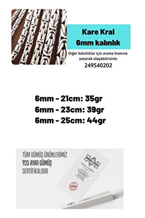 6mm Kare Model Erkek 925 Ayar Gümüş Kral Bileklik Künye 249540202