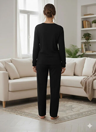 KADIN SİYAH KIŞLIK PİJAMA TAKIMI