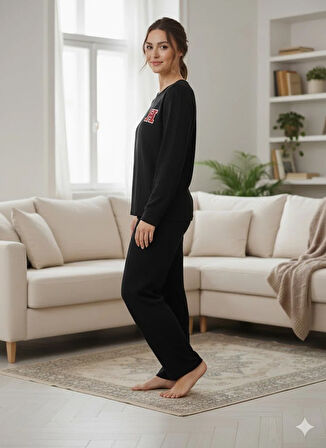 KADIN SİYAH KIŞLIK PİJAMA TAKIMI