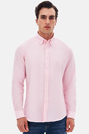 Slim Fit Pembe Armürlü Düğmeli Yaka Pamuklu Gömlek 5HC02ORT07265