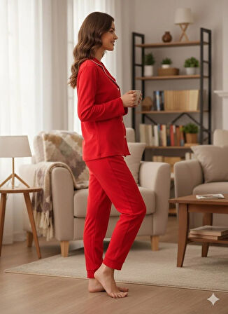 KADIN KIRMIZI DÜĞME DETAYLI PİJAMA TAKIMI