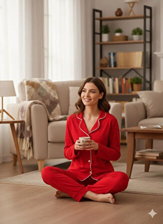 KADIN KIRMIZI DÜĞME DETAYLI PİJAMA TAKIMI