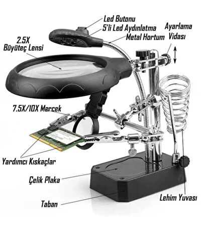 WellHise WH-800 Masa Üstü Ledli Büyüteç - Lehimleme ve Elektronik Çalışmalar İçin Yardımcı
