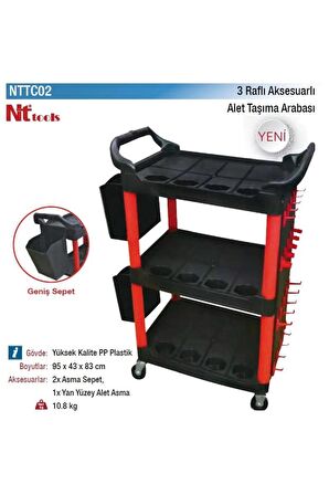 Nt Tools 3 Raflı Alet Taşıma Arabası Aksesuarlı Yüksek Kalite Pp Plastik Nttc02 95x43x83 Cm.