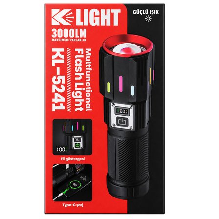 K-LIGHT KL-5241 Çok Fonksiyonlu Şarj Edilebilir LED El Feneri (3000 LM)