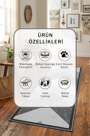 Arrow D9 Kare Yıkanabilir Kaymaz Taban Dijital Baskılı Yolluk Halı Antrasit