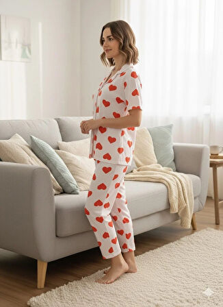 KADIN KALP DETAYLI DÜĞMELİ PİJAMA TAKIMI
