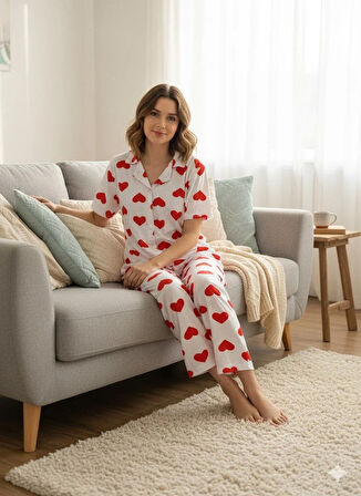 KADIN KALP DETAYLI DÜĞMELİ PİJAMA TAKIMI