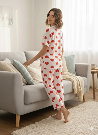 KADIN KALP DETAYLI DÜĞMELİ PİJAMA TAKIMI
