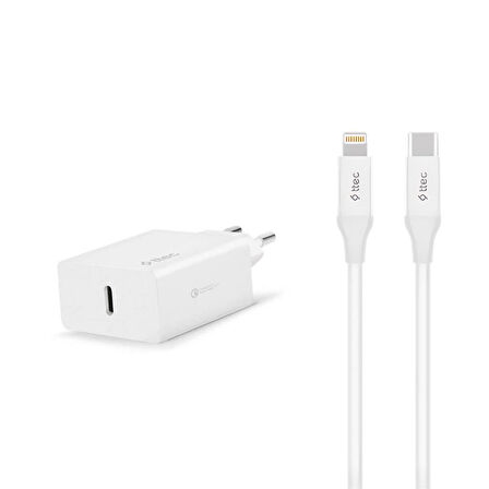 Ttec 20W PD Type C Girişli Şarj Adaptörü ve 1.2 Metre İphone Lightning Şarj Kablosu, Akım ve Isı Korumalı
