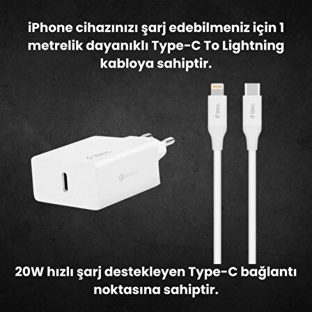Ttec 20W PD Type C Girişli Şarj Adaptörü ve 1.2 Metre İphone Lightning Şarj Kablosu, Akım ve Isı Korumalı