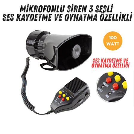 Her Araca Uyumlu Üniversal Ses Kaydetme ve Çalma Özellikli Siren 3 Farklı Siren Sesi Güçlü Polis Sireni Mikrofonlu Megafonlu Korna 12V 100W