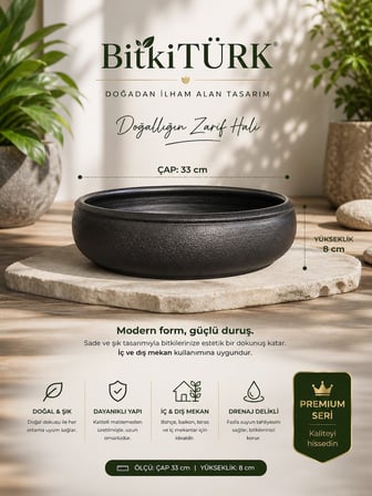 Dekoratif Beton Saksı 33 cm El Yapımı Geniş Beton Bonsai Saksısı İç ve Dış Mekan Saksısı Siyah