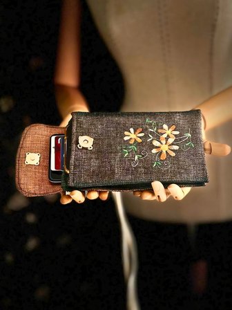 MEADOV Nakış İşlemeli Keten Telefon Çantası, Telefon Kılıfı Artv2
